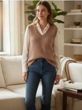 Jason Wu classic camel tan 100% cashmere knit pullover preppy sweater vest large